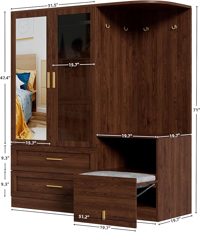 PAKASEPT 2 Doors Armoire Wardrobe Closet with Mirror,71'' Tall Freestanding Wooden Wardrobe Closet Farmhouse Storage Cabinet for Bedroom with Hanging Rod,Clothes Hook,Drawers,Hidden Bench,Retro Brown