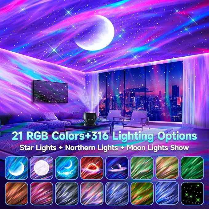 Star Projector Galaxy Light, 5 Moon+21 RGB Colors+15 White Noises Northern Lights Projector, Bluetooth Speaker Aurora Light Projector, Star Projector for Ceiling for Adults, Moon Projector+Starlight