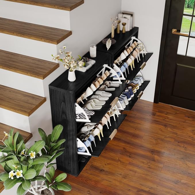 Fluted Shoe Cabinet Storage with 2 Flip Drawers, Narrow Shoe Storage Organizer for Entryway, Hidden Slim Wooden Shoe Rack Cabinet for Front Door Entrance, Hallway, Living Room (2-Drawer, Black)