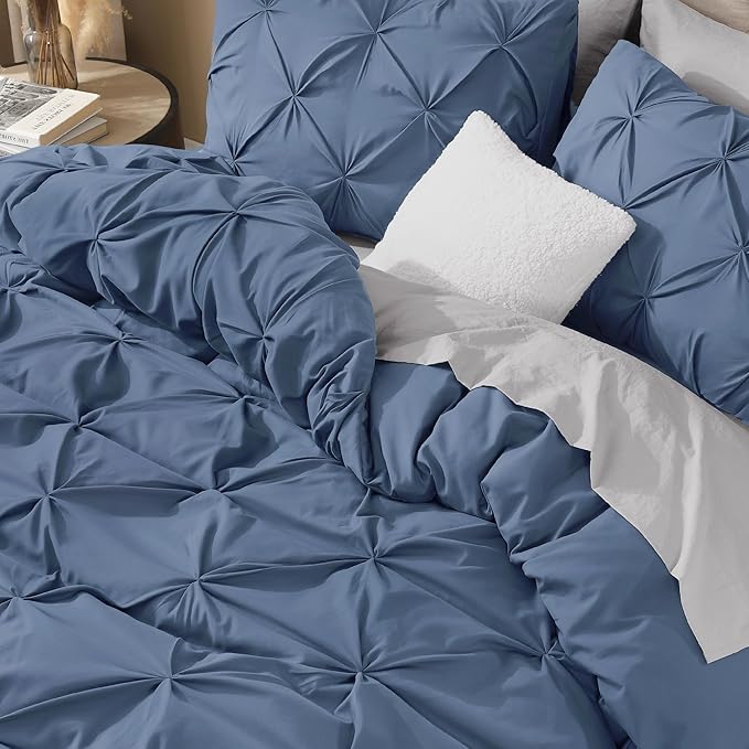 Litanika Ocean Blue Queen Pinch Pleat Duvet Cover, 3 Pieces Pintuck Cover Soft Microfiber Bedding Set with Zipper Closure & Corner Ties(90x90Inch-1 Duvet Cover, 2 Pillowcases)