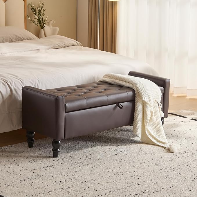 47" Storage Ottoman Bench, Faux Leather Upholstered Ottoman with Storage, End of Bed Bench for Bedroom, Living Room, Entryway, Window (Brown)