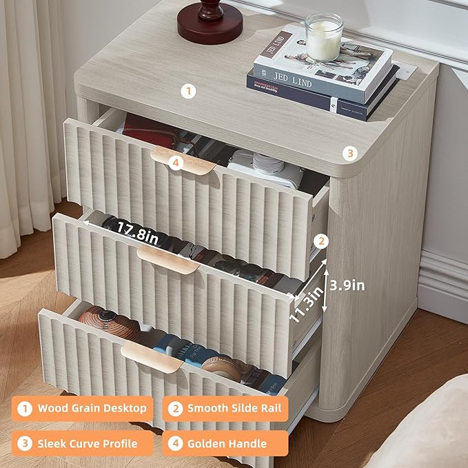LEYAOYAO Fluted Nightstand with Charging Station, 23" Wide 3 Drawers Night Stand,LightGrey End Table with Open Storage,Farmhouse Bed Side Tables, Wood Dresser for Bedroom, Living Room, Closet