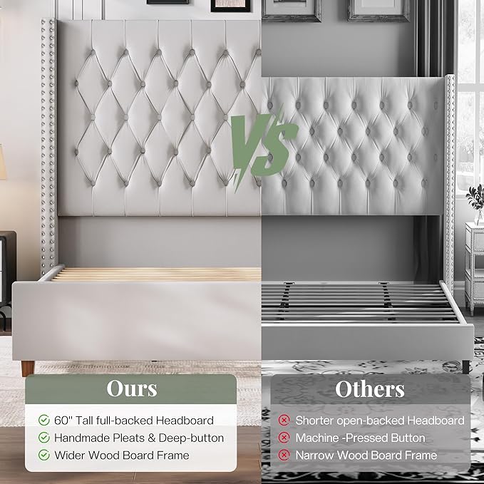 Jocisland California King Bed Frame with 61.4" Tall Wingback Headboard, Velvet Upholstered Platform Bed, Handcrafted Pleats& Deep Button Tufted, Solid Wood Legs, No Box Spring Required, Cream