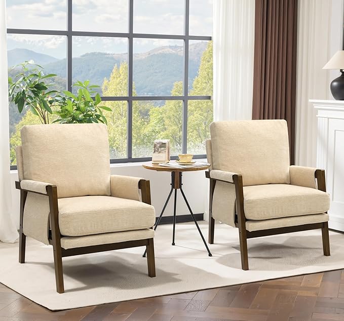 Accent Chairs for Living Room Set of 2, Modern Arm Chairs for Bedroom, Wooden Upholstered Mid Century Accent Chairs, Beige