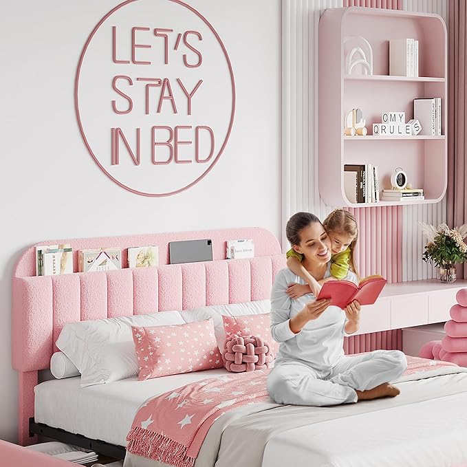 Jojoka Queen Bed Frame with Storage Headboard and 2 Drawers, Boucle Upholstered Platform Bed, Modern Girls Bed Frames for Rooms, No Box Spring Needed, Easy Assembly, Light Pink