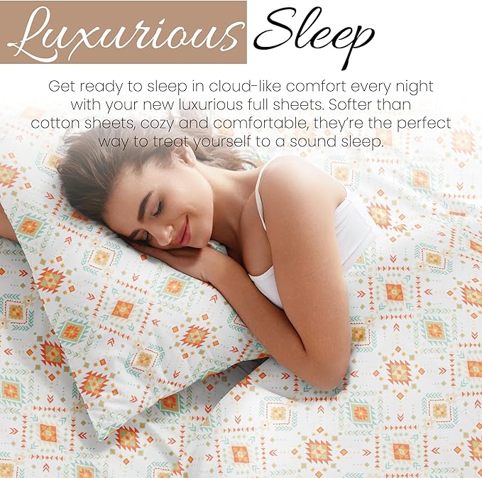 Linen Market Double-Brushed Patterned Microfiber Full Sheet Set 4 Piece – Oeko-TEX Certified Ultra Soft & Wrinkle-Free - 16" Deep Pocket Sheets - Easy Care Full Size - Aztec Dreams Coral