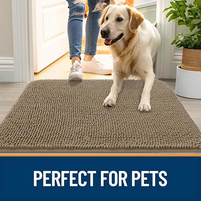 OLANLY Dog Door Mat for Muddy Paws 44x24, Absorbs Moisture and Dirt, Absorbent Non-Slip Washable Doormat, Quick Dry Chenille Mud Mat for Dogs, Entry Indoor Entryway Carpet for Inside Floor, Tan