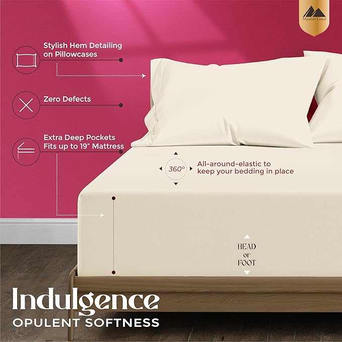 Mayfair Linen 100% Egyptian Cotton Sheets California King Size - 1200 Thread Count Cal King Size Sheets Set Egyptian Cotton, 4 PC Luxury Bedsheet (Ivory), Soft, Cooling, 17" Deep Pocket Set