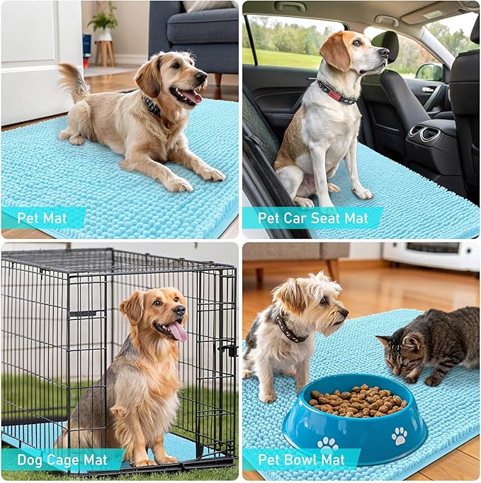 OLANLY Dog Door Mat for Muddy Paws 47x32, Absorbs Moisture and Dirt, Absorbent Non-Slip Washable Doormat, Quick Dry Chenille Mud Mat for Dogs, Entry Indoor Entryway Carpet for Inside Floor, Blue