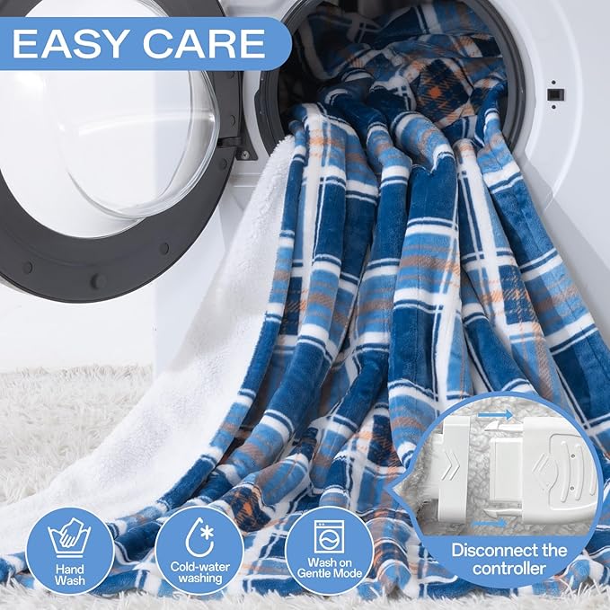 Electric Heated Blanket Twin - 62"x84" Heating Bed Blankets Throw with 10 Hours Auto Off 8 Fast Heating Levels Over-Heated Protection Soft Warm Flannel Sherpa Machine Washable ETL Certified Blue Plaid