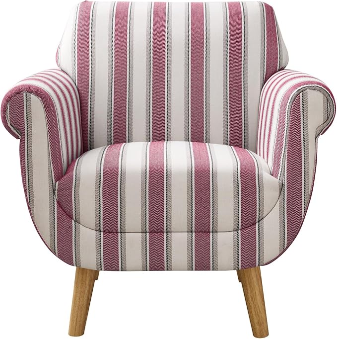 VANOMi Mid-Century Accent Chair with Stripe Pattern, Modern Linen Fabric Armchair with Wood Legs, Club Chair for Living Room, Comfy Upholstered Side Chairs for Bedroom, Reading, Small Place (Red)
