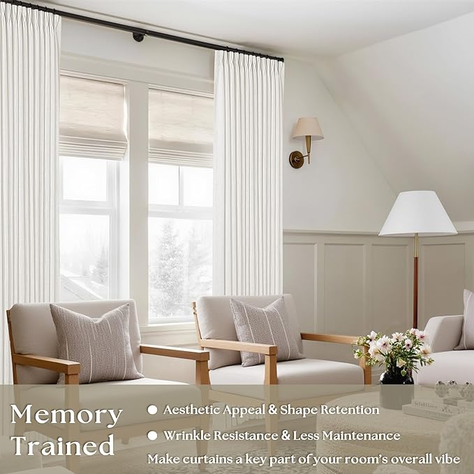 Off White Linen Pinch Pleated Curtains 80 Inches Long 2 Panels for Living Room Bedroom Beige White Textured Linen Pleated Hooks Rings Back Tab Boho Neutral Light Filter Curtain Drapes 80 Inch Length