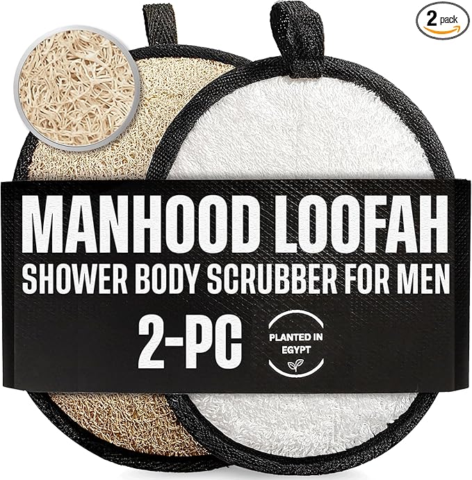 CraftsOfEgypt Natural Loofah Body Scrubber for Men, 2PCS Black & White Set – Egyptian Luffa Sponge Exfoliator for Shower, Bath & Body Care, Durable Men's Hygiene Pad, Gentle Skin Exfoliating Tool