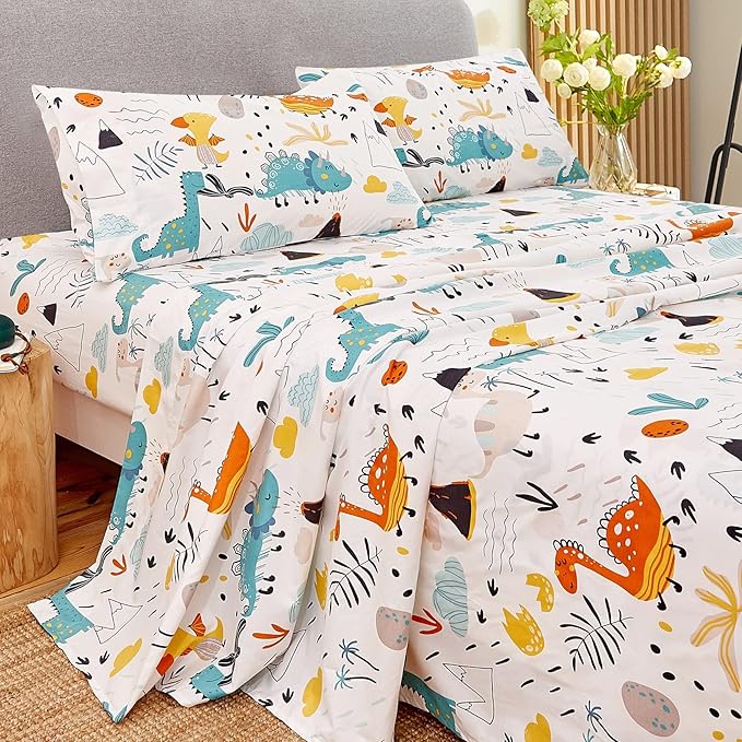 JSD Dinosaur Kids Sheet Set Full Size, 4 Piece Dino Pattern Microfiber Bed Sheets for Boys Girls Deep Pocket