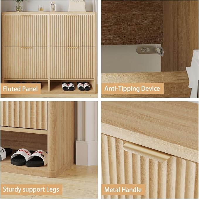 Fluted Shoe Cabinet Storage with 4 Flip Drawers, Narrow Shoe Storage Organizer for Entryway, Hidden Slim Wooden Shoe Rack Cabinet for Front Door Entrance, Hallway, Living Room (4-Drawer, Oak)