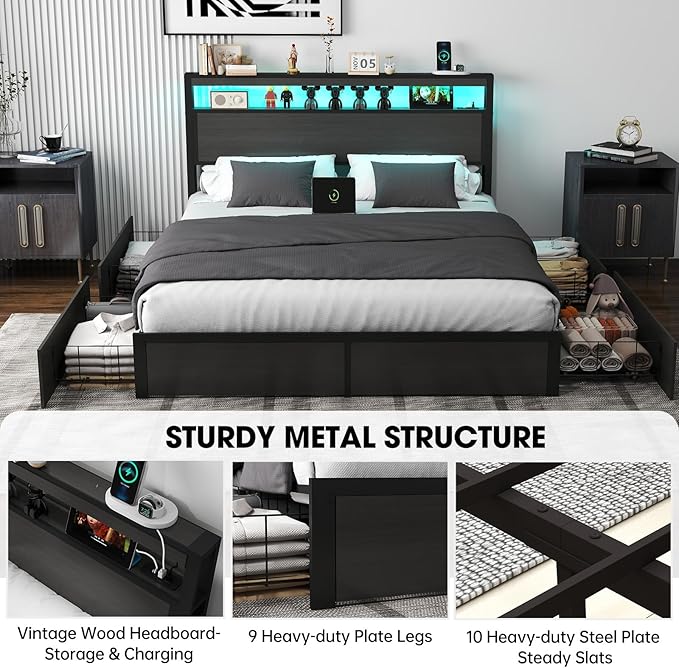 Queen Bed Frame with Storage Headboard and 4 Drawers, Metal Platform Bed Frame with LED Light, Charging Station, No Box Spring Needed, Noise Free, Easy Assembly,Charcoal Grey