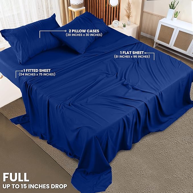 Utopia Bedding Full Sheet Set – 4 Piece Bed Sheets for Full Size Bed, Soft and Breathable Microfiber, Includes 1 Fitted Sheet, 1 Flat Sheet and 2 Pillowcases (Royal Blue)