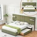 Queen Bed Frame with Storage & Built-in Nightstands, Velvet Upholstered Platform Bed Frame with Drawers & 2 Floating Storage Shelves, Noise-Free, No Box Spring Needed, Easy Assembly, Green