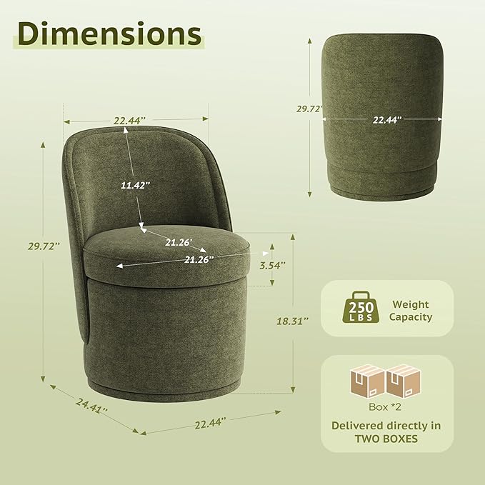 Swivel Accent Chair Set of 2, 360° Swivel Round Chair with Hidden Storage, Vanity Chairs, Modern Small Barrel Armchair for Living Room/Bedroom, Green