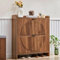 Narrow Shoe Cabinet with 2 Flip Drawers for Entryway,Wood Slim Shoe Rack Cabinet, Freestanding Hidden Shoe Storage Organizer, Space-Saving, Round Fluted Pattern for Hallway,Living Room (Walnut)