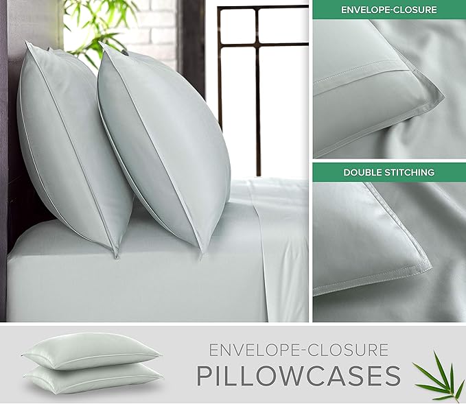 Pure Bamboo Full Sheets, Genuine 100% Organic Viscose Derived from Bamboo Bed Sheet Set, Luxuriously Soft & Cooling, Double Stitching, 2 Year Quality Promise (Full, Sea Glass)