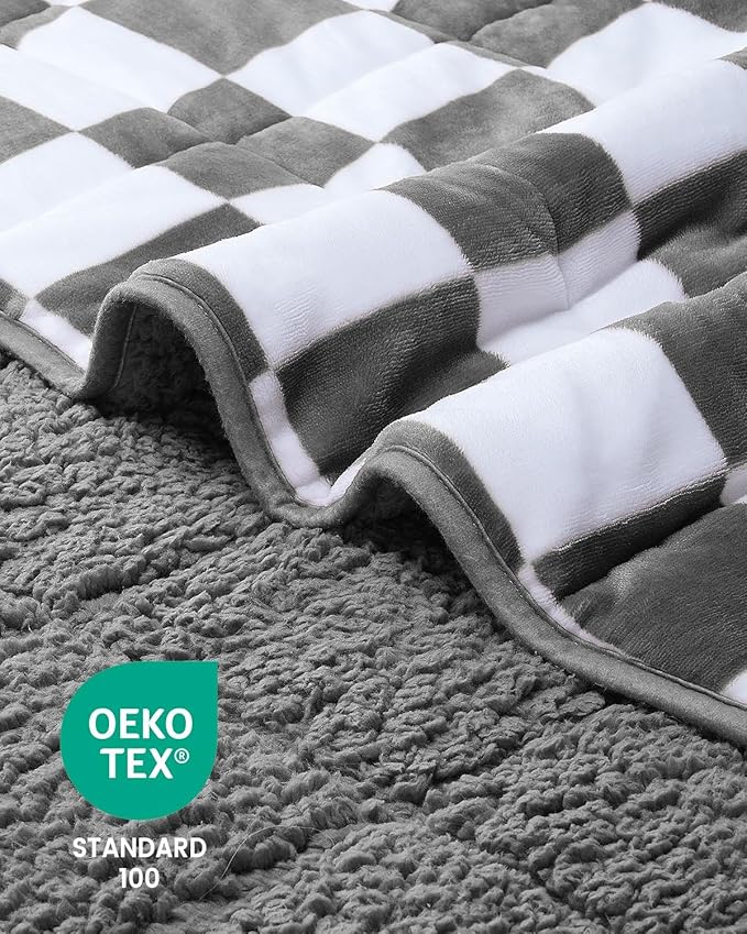 Cottonblue Checkerboard Weighted Blanket for Adults Queen Size 20 lbs 60" x 80", Fluffy Sherpa Flannel Heavy Weighted Throw Blankets for Bed Couch Sofa, Ultra Soft Cozy Bed Blanket, Plaid Grey