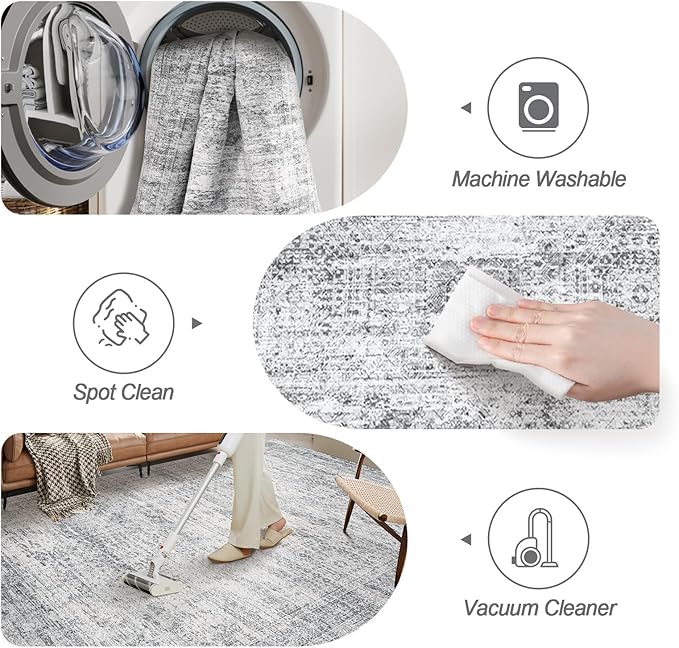 8x8 Grey Round Rug 8ft Living Room Circle Rug Vintage Round Area Rug Non Slip Indoor Carpet for Apartment