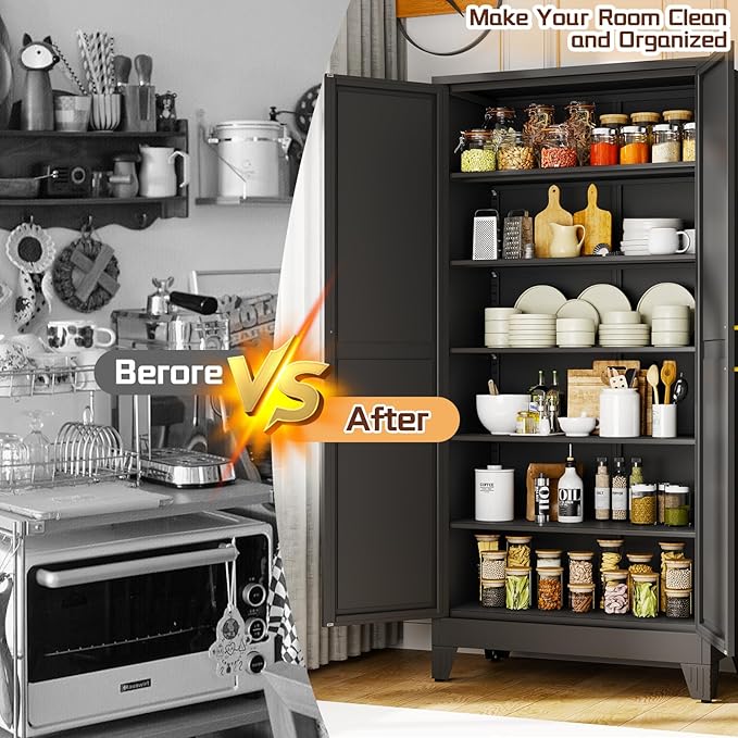 75" Metal Kitchen Pantry Cabinet,Black Storage Cabinet with Doors and 5 Adjustable Shelves, Cabinet with 2 Metal Handles,Tall Cabinet for Livingroom,Pantry, Bathroom,Kitchen