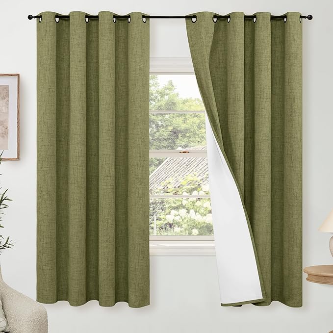 100% Linen Blackout Curtains for Bedroom Living Room 45 Inch Long 2 Panels, Thermal Insulated Light Blocking Soundproof Curtains, Noise Reducing Window Drapes 52x45 Inch 2 Panels, Olive Green