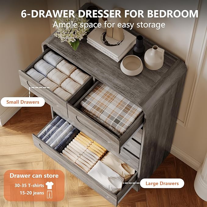 3 Piece Bedroom Set, Dresser and Nightstand Sets for Bedroom, Wood 6 Drawer Dresser & Night Stand Set of 2, Tall Chest of Drawers Modern Storage Cabinet Bedroom Furniture Set, Grey