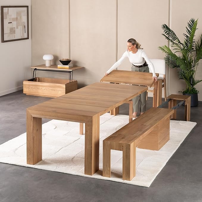 Transformer Table - Solid Wood Extendable Dining Table, Seats 2-12, Extendable Dining Room Table, Space-Saving Furniture, Expandable Dining Furniture (Natural, Table + Bench + Coffee Table)