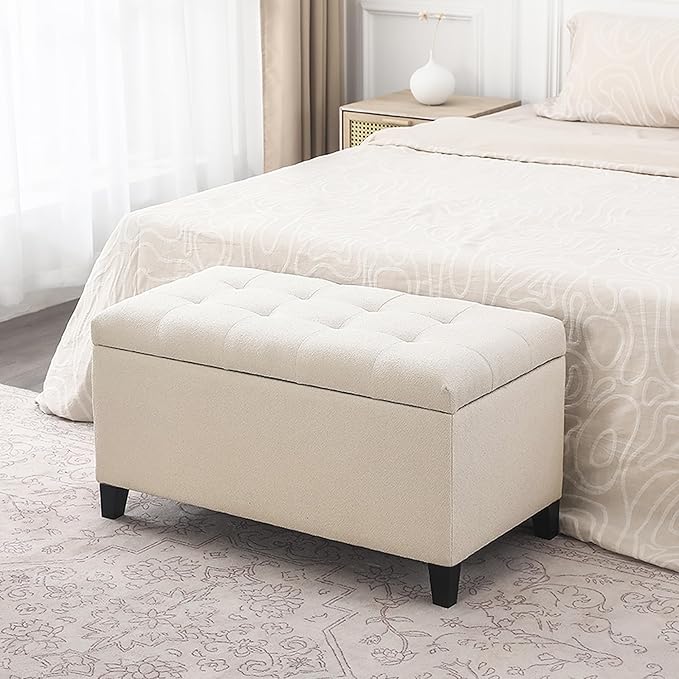 Asense Storage Ottoman Bench, Tufted Fabric Upholstered End of Bed Bench with Safety Hinge Wooden Legs, for Entryway Bedroom (Cotton and Linen Beige, 33.3")