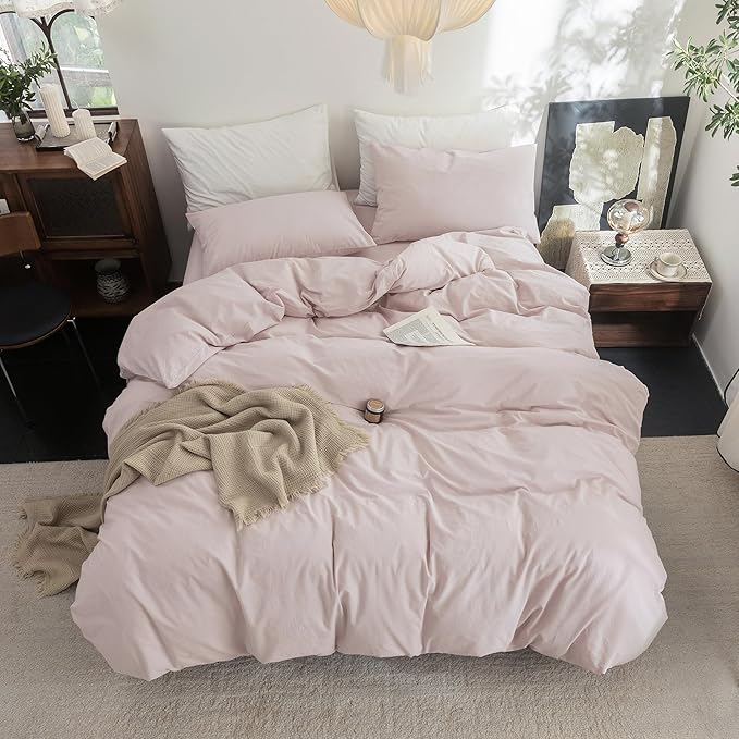 FOSSA Duvet Cover Set 100% Washed Cotton Linen Feel Super Soft Breathable Cozy 3 Pieces Bedding Sets Solid Greyish Pink Twin