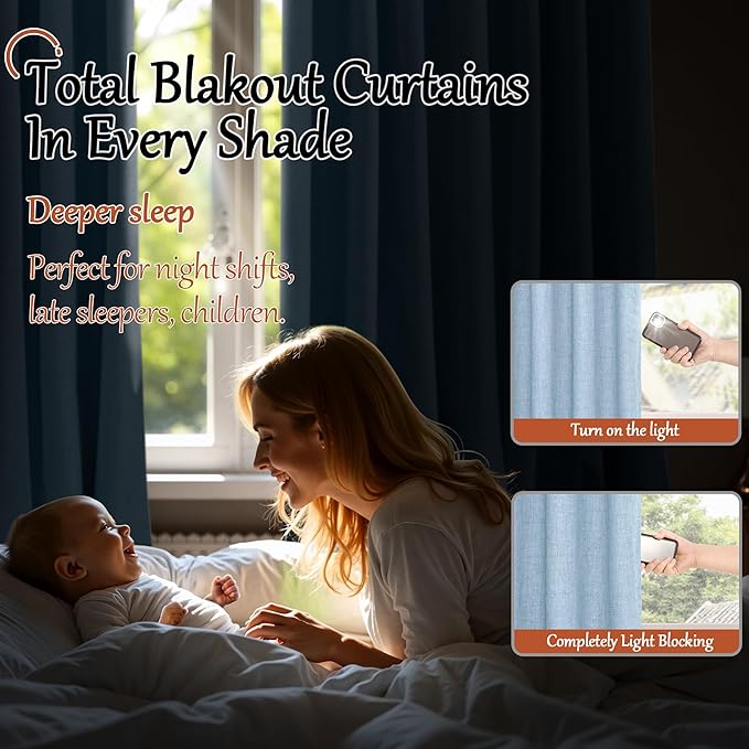 Baby Blue Linen Blackout Curtains for Nursery 90 Inch Length 2 Panels Set, Thermal Insulated Boho Total Black Out Noise Reducing Bonzer Grommets Window Curtains for Kids Bedroom, Each 52 Inch Wide