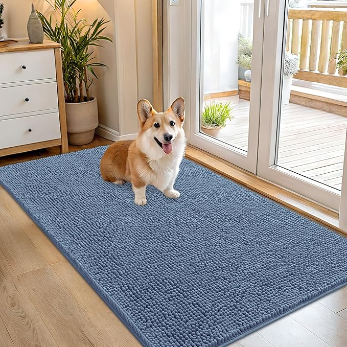 OLANLY Dog Door Mat for Muddy Paws 54x32, Absorbs Moisture and Dirt, Absorbent Non-Slip Washable Doormat, Quick Dry Chenille Mud Mat for Dogs, Entry Indoor Entryway Carpet for Inside Floor, Airy Blue