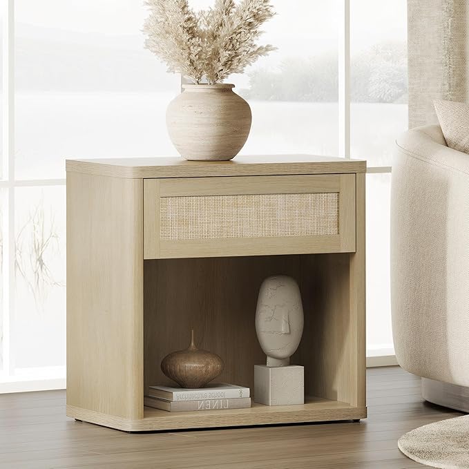 SICOTAS Night Stand Set of 2 26" Wide Large Nightstands with Drawer & Shelf Storage Rattan Bedside Table Boho End Table Tall Bed Side Tables Night Stands for Bedroom Living Room Sofa Office, Sand Oak