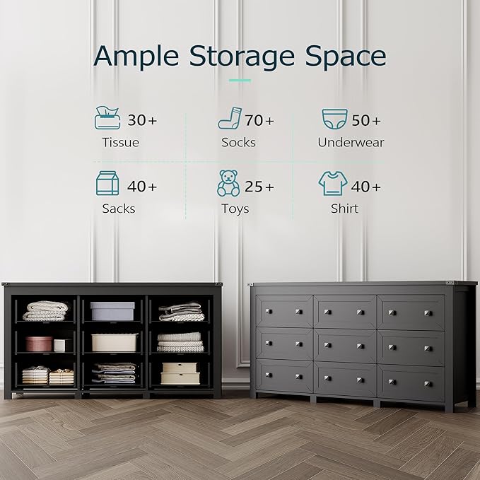 Dresser for Bedroom with 9 Drawers, Farmhouse Wood Chest of Drawers, Wide TV Stand Closet Storage Furniture with Metal Handle, Modern Clothes Organizer for Hallway, Living Room, Entryway, Black