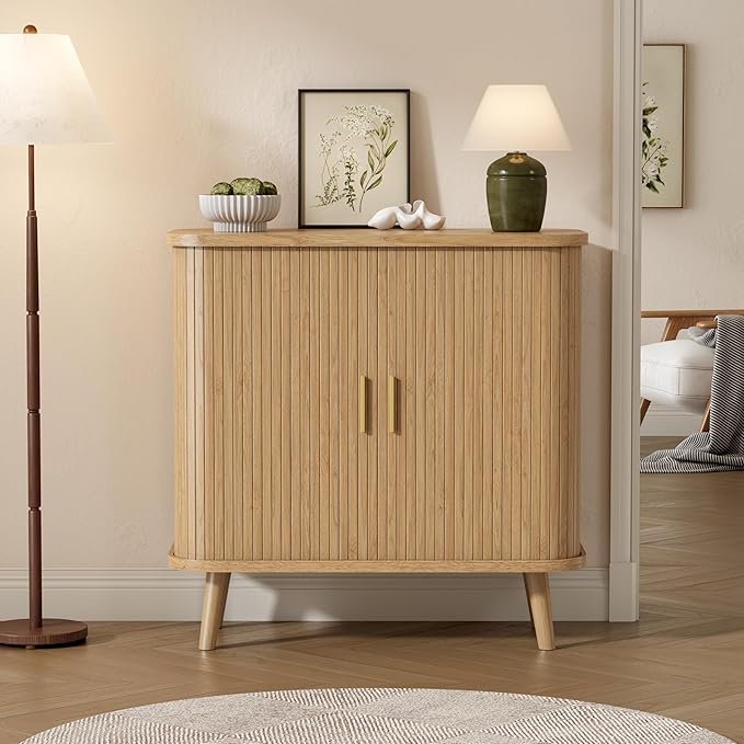 Buffet Cabinet with Storage, Curved-Edge Fluted Storage Cabinet Sideboard, Modern Black Sideboard Buffet with Adjustable Shelves & Sliding Door for Dining Room, Kitchen, Entryway (Oak)
