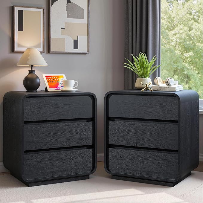 Black Night Stand with Charging Station, 25" Tall Wood Bedside Table, Modern End Table Dresser with 3 Storage Drawers, Curved Profile, Mid Century Nightstand for Bedroom Dorm Sofa Office