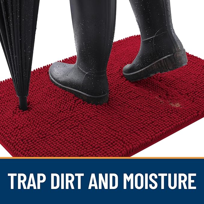 OLANLY Dog Door Mat for Muddy Paws 54x32, Absorbs Moisture and Dirt, Absorbent Non-Slip Washable Doormat, Quick Dry Chenille Mud Mat for Dogs, Entry Indoor Entryway Carpet for Inside Floor, Red