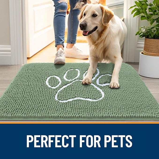 OLANLY Dog Door Mat for Muddy Paws 36x24, Paw Print Design, Absorbs Moisture and Dirt, Non-Slip Washable Doormat, Quick Dry Chenille Mud Mat, Entry Indoor Entryway Carpet, Olive Green and White