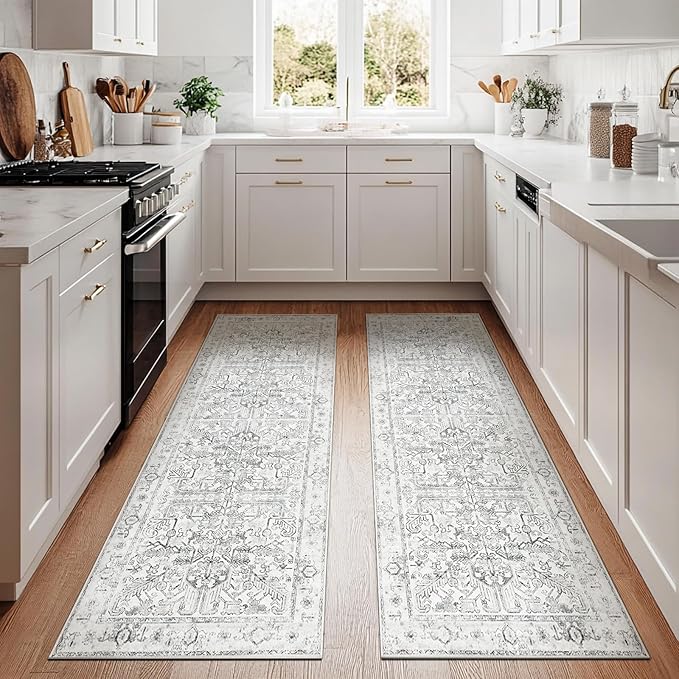 jinchan Lima Kitchen Runner Rug 3x8-2pcs, Bohemian Hallway Washable Rug Floral Non Slip with Rubber Backing Vintage Carpet Runner for Bedroom Bathroom Laundry Room Living Room Decor Grey