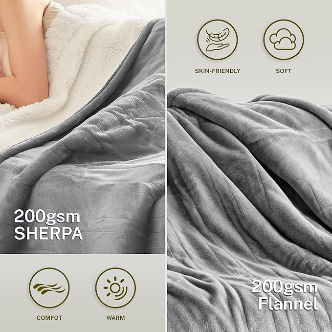 Heat Blanket 84”x90” Queen Size-Dual Control，Soft Flannel & Sherpa Electric Blanket with 10 Heat Settings,12 Timer Setting and 8 Hours Auto-Off,ETL Certified Machine Washable,Light Grey