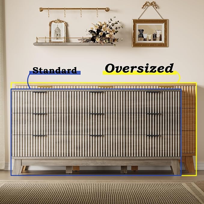 63" Long Dresser for Bedroom, 9-Drawer Fluted Dresser, Extra-Wide Wood Chest of Drawers with Smooth Metal Slides, Stable Base, Modern Clothes Storage Cabinet for Living Room, Hallway, Nursery