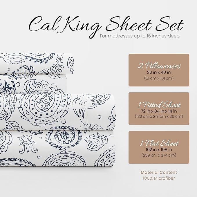 Linen Market Double-Brushed Patterned Microfiber California King Sheet Set 4 Piece – OEKO-TEX Certified Ultra Soft & Wrinkle-Free - 16" Deep Pocket Sheets Easy Care Cal-King Size - Coarse Paisley Navy