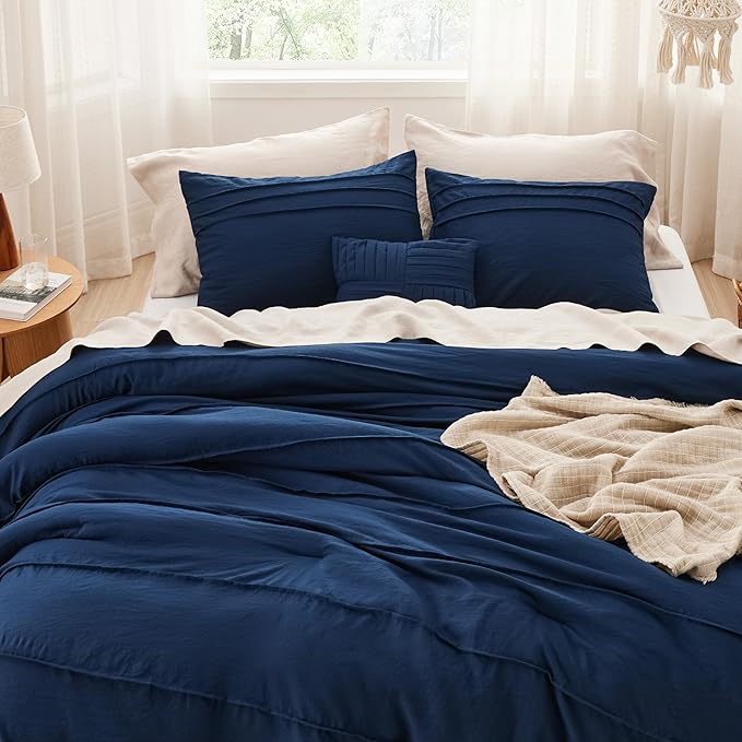 Bedsure Navy Blue Oversized Queen Comforter Set - 4 Pieces Pinch Pleat Bed Set, Down Alternative Bedding Sets for All Season, 1 Comforter, 2 Pillowcases, 1 Decorative Pillow