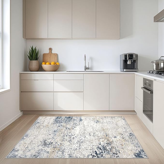 Area Rug Living Room Rugs - 4x6 Abstract Large Soft Indoor Washable Rug Neutral Modern Low Pile Carpet for Bedroom Dining Room Farmhouse Home Office - Beige Blue