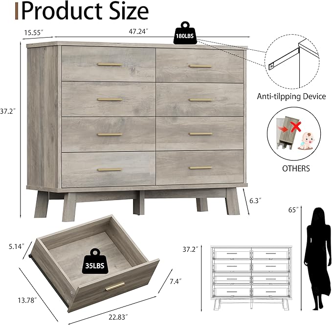 Dresser for Bedroom, 8 Drawer Wide Modern Chest of Drawers with X-Shaped Sturdy Base, Wood Double Dresser Closet Clothes Storage Organizer, Wooden TV Stand for Living Room, Hallway, Grey