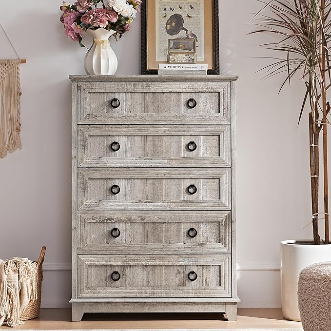 Farmhouse 5 Drawer Dresser for Bedroom Set of 2, 42" Tall Small Dressers & Chest of Drawers, Rustic Wood Dresser with Metal Handle, Storage Organizer Closet for Living Room, Hallway,Entryway