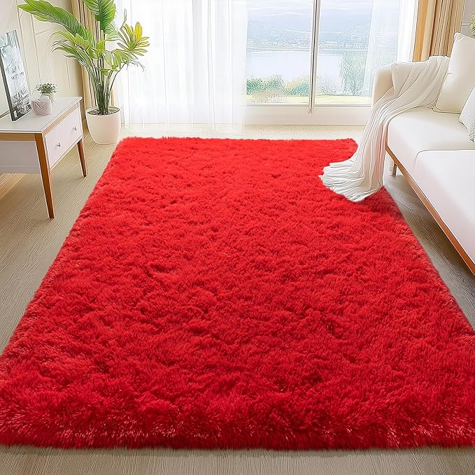 5x7 Red Rugs for Bedroom, Soft Fluffy Shaggy Rugs for Living Room, Non-Slip Modern Indoor Fuzzy Shag Floor Rug for Home Decor Aesthetic